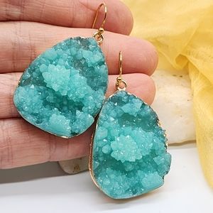Lightweight Gold Blue Druzy Agate Diode Resin Stone Dangle Earrings